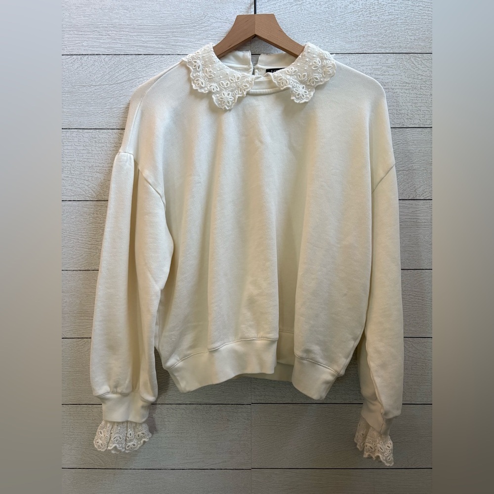 J.Crew Ivory Lace Collar Crewneck Sweatshirt | Size L, 100% Cotton - Picture 3 of 14